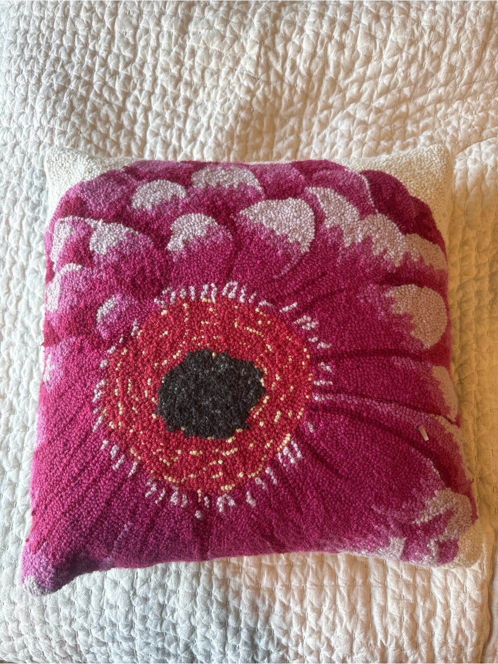 Wool Hooked Floral Pink Accent Pillow
